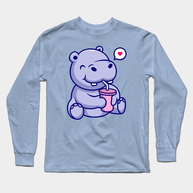 Cute Hippo Drinking Cartoon Long Sleeve T-Shirt by Catalyst Labs